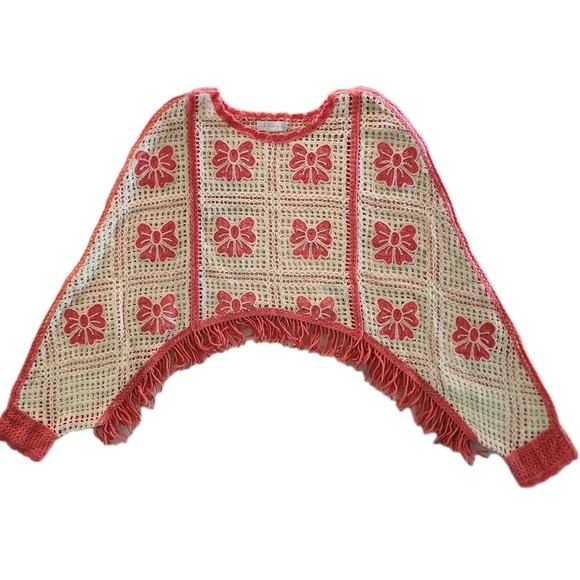 House of Harlow 1960 Sweaters - House of Harlow 1960 Pink Revolve Floral Crochet Fringe Poncho Sweater Boxy Boho